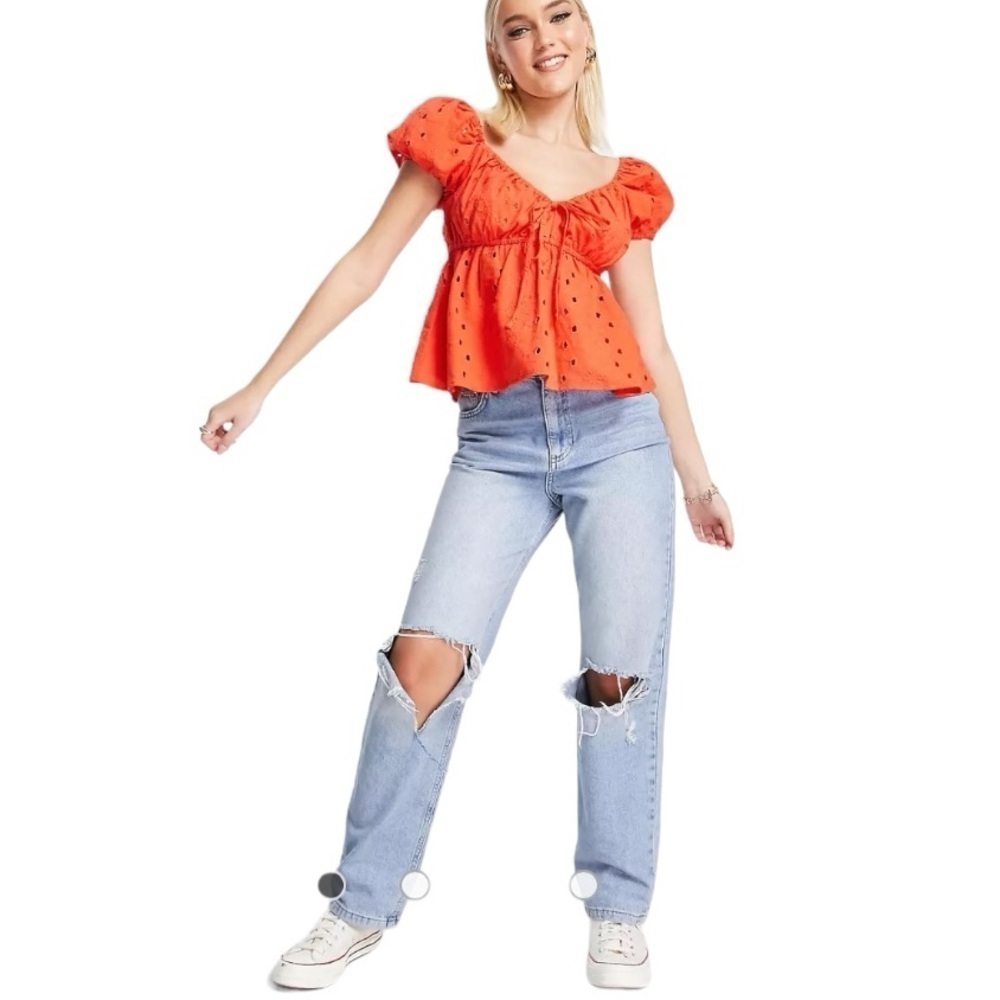 Japna Feminine flowy orange Flutter Short Sleeve flirty clip dot Babydoll Top